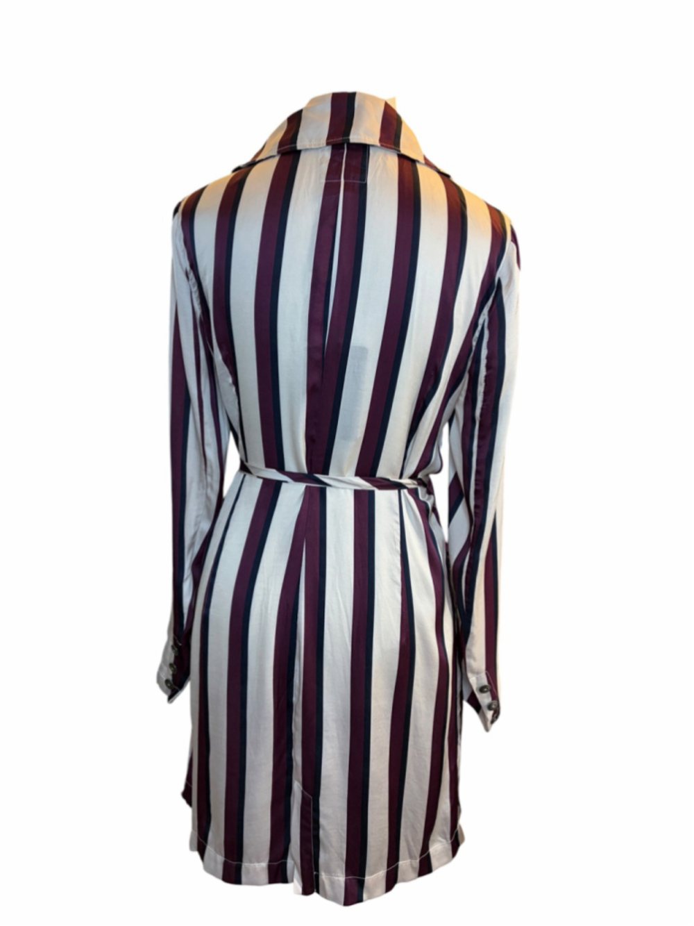 Chaser Striped Wrap Shirt Dress Ivory Burgundy Long Sleeve Tie Waist NWT Small - Picture 4 of 6